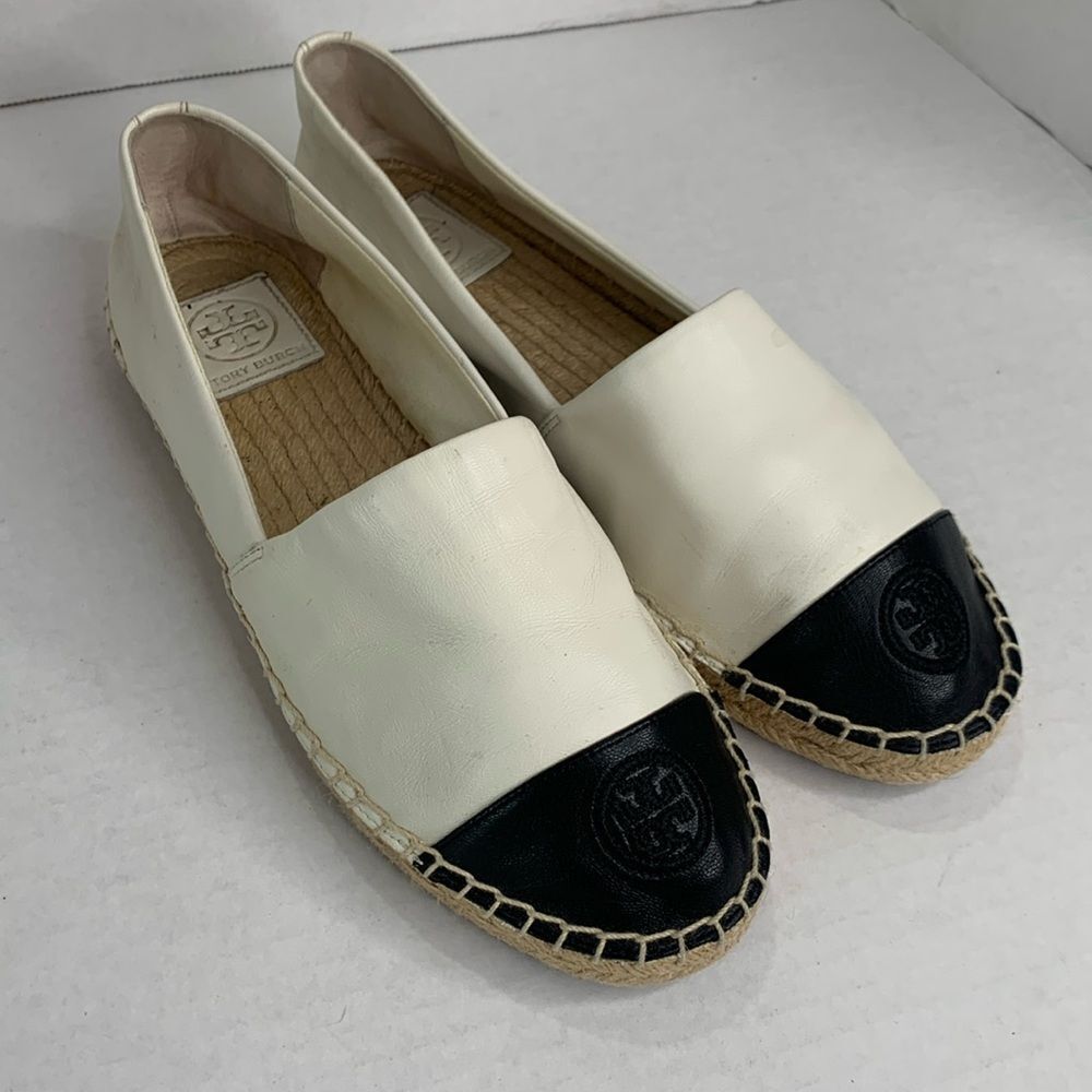 Tory Burch black/white leather color block cap toe espadrille flats